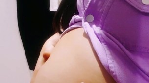 Pregnant changing room Czech teen brunette and belly inflation / bulge